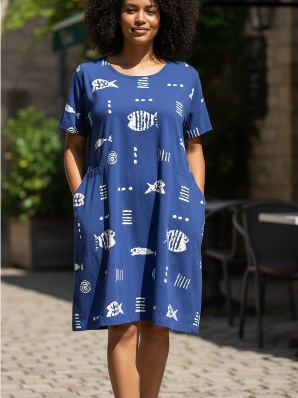 M. Mac Blue Rockfish Dress 2XL 100% Cotton Lagenlook Beach Vacation Summer